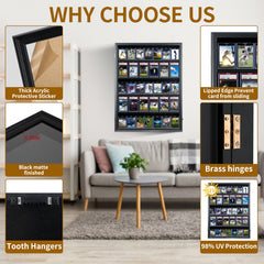 Baseball Card Display Case-36 Graded Sports Card Display Frame,UV-Protected Transparent Visual Lockable Wall Cabinet for Football Baseball Basketball Hockey Trading Cards,Large Horizontal Black