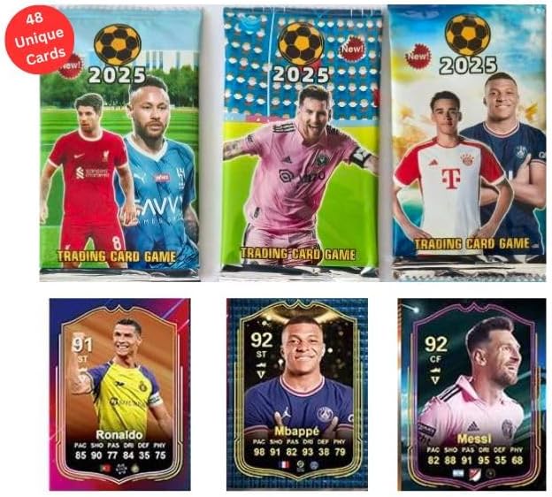 Soccer Trading Cards 2025 | 6 Packs - 48 Collectible Cards for Soccer Fans Mystery Cards Packs Contain Random Cards in Each Set - Try & Collect Them All