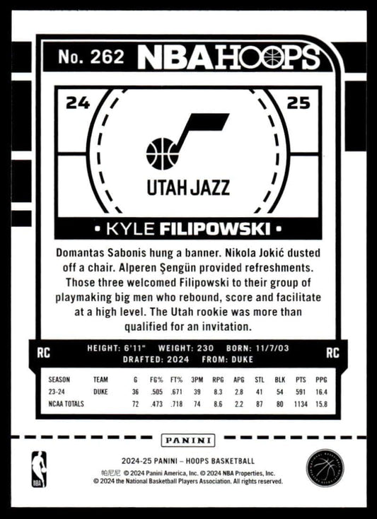 2024-25 Hoops #262 Kyle Filipowski RC Rookie Utah Jazz NBA Basketball Base Trading Card