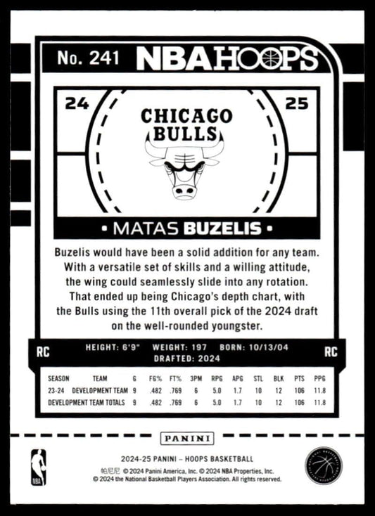 2024-25 Hoops #241 Matas Buzelis RC Rookie Chicago Bulls NBA Basketball Base Trading Card