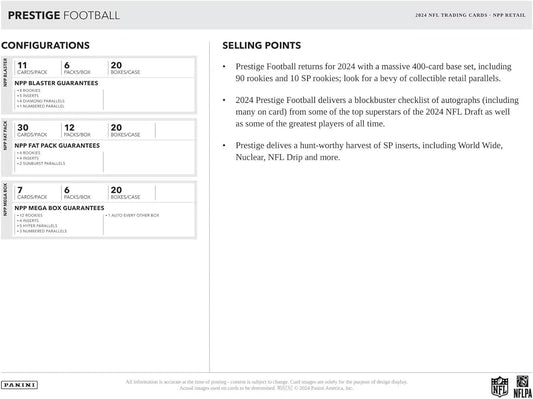 2024 Prestige Football Panini Trading 30 Cards Fat Pack (Box Nix, Jayden Daniels, Malik Nabers Rookie Cards)