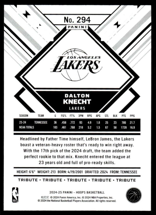 2024-25 Hoops #294 Dalton Knecht RC Rookie Tribute Los Angeles Lakers NBA Basketball Base Trading Card