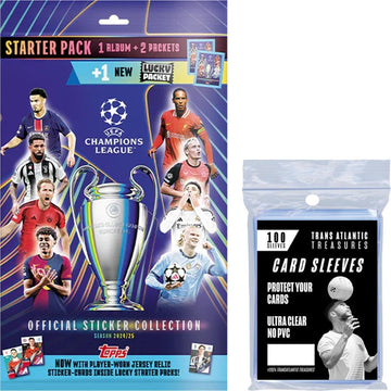 Topps UEFA Champions League 24/25 Starter Pack + 100 Card Protectors, Soccer Cards 2024-2025, 2 Packets, 1 Lucky Packet + 1 Album