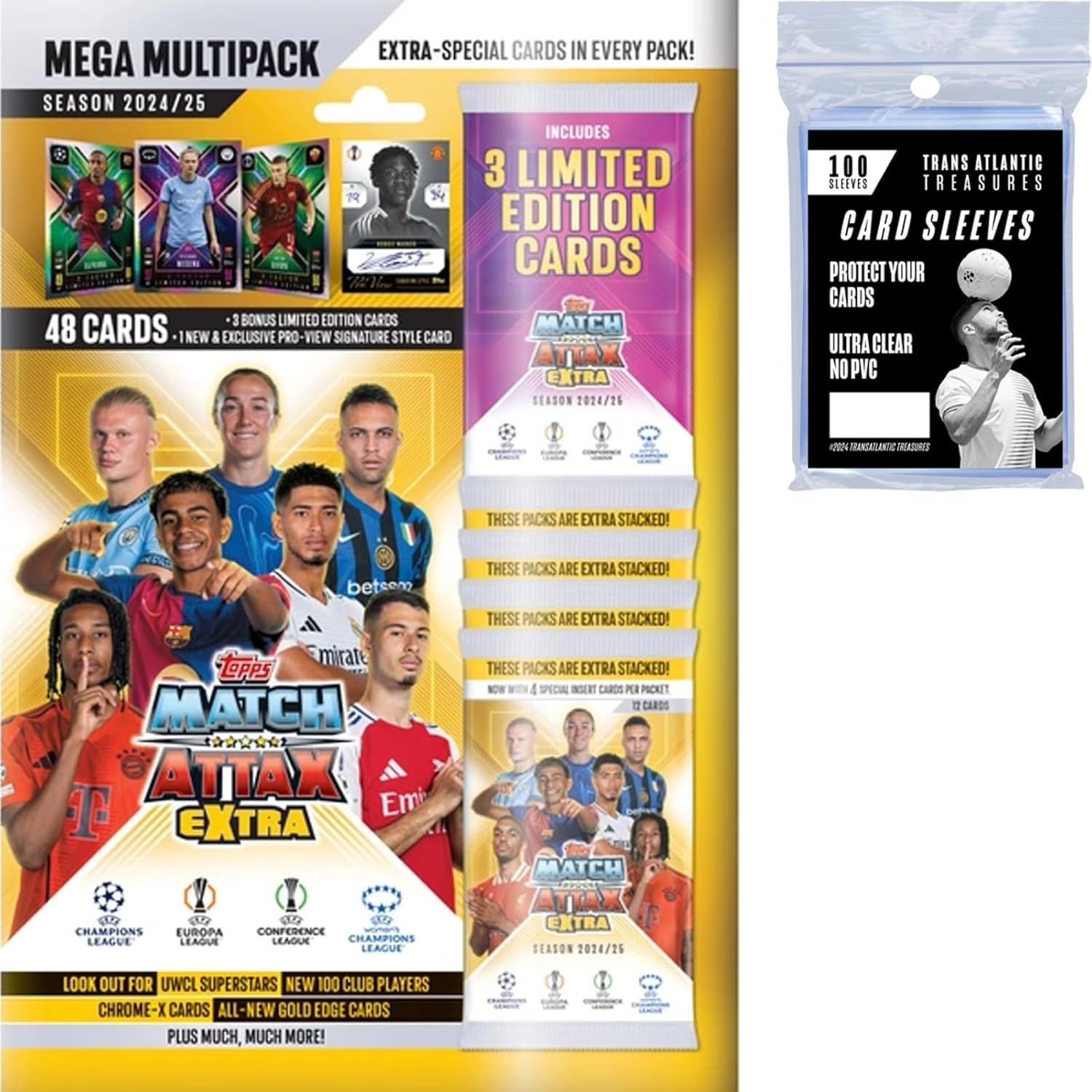 Topps Match Attax Extra Soccer Cards 24/25 Mega Multipack + 100 Protectors, Includes 52 Cards + 3 Exclusive LE's + Exclusive Pro-View Signature Style