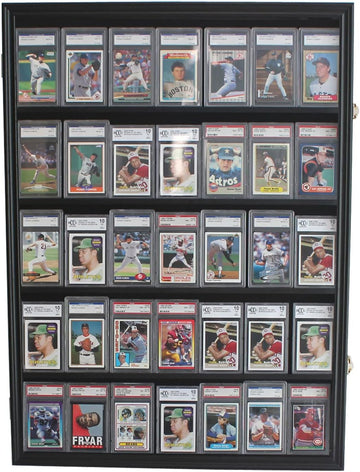Pro UV 35 Display Case - Holds 5.5' Graded Sport Cards with UV Protection, Clear View, Lockable Wall Cabinet for Baseball, Football, Basketball, Hockey, Comic Trading Cards - Black