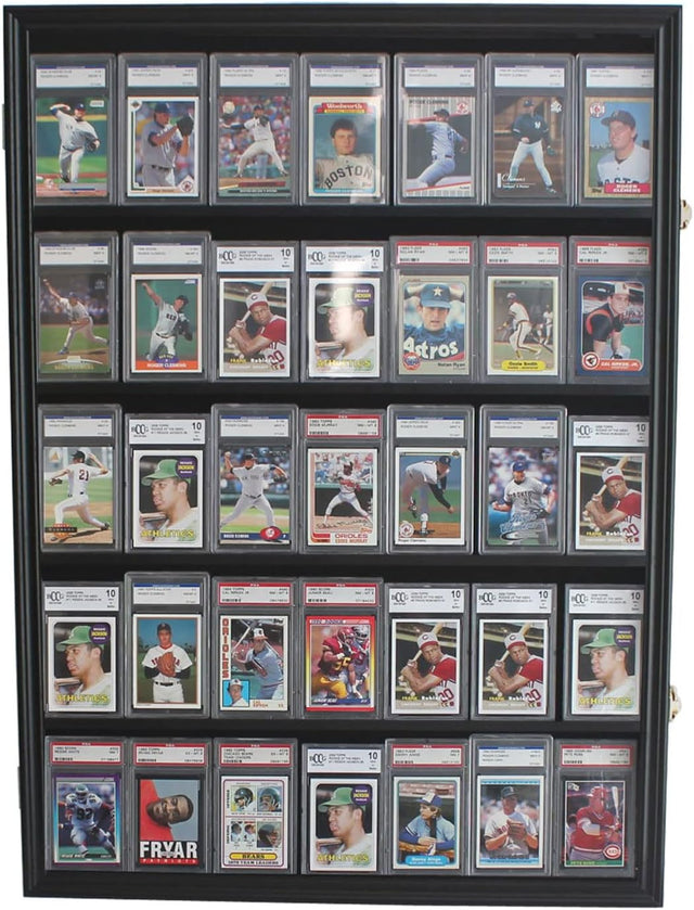 Pro UV 35 Display Case - Holds 5.5' Graded Sport Cards with UV Protection, Clear View, Lockable Wall Cabinet for Baseball, Football, Basketball, Hockey, Comic Trading Cards - Black