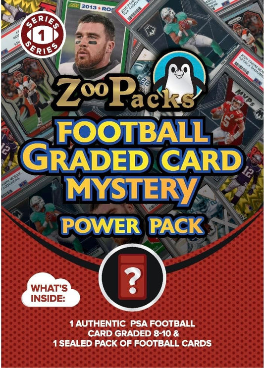 PSA Football Graded Card Mystery Pack | PSA Graded Football Card + 1 Sealed Pack of Cards | Grade 8+ Guaranteed | Contains One Graded Vintage, Rookie, Legend or Current Star | by Zoo Packs