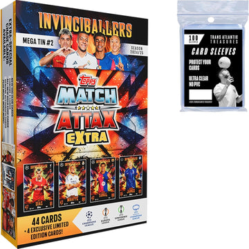 Topps Match Attax Extra Soccer Cards 24/25 Random Mega Tin + 100 Protectors, Includes 48 + 4 Exclusive Limited Edition Cards