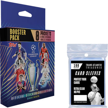 Topps UEFA Champions League 24/25 Eco Pack + 100 Card Protectors, Soccer Cards 2024-2025, 8 Packets + 1 Mini Bonus Packet of Stickers