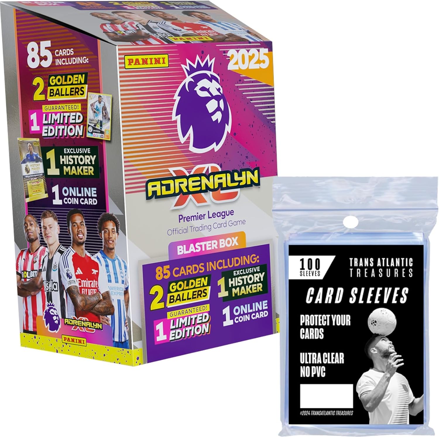 Panini Adrenalyn XL Blaster Box + 100 Card Protectors, Premier League Soccer Trading Cards, 85 Cards Including 2 Golden Ballers, Limited Edition Savinho card + an Exclusive Didier Drogba History Maker