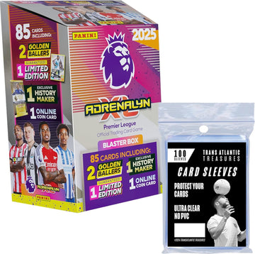 Panini Adrenalyn XL Blaster Box + 100 Card Protectors, Premier League Soccer Trading Cards, 85 Cards Including 2 Golden Ballers, Limited Edition Savinho card + an Exclusive Didier Drogba History Maker