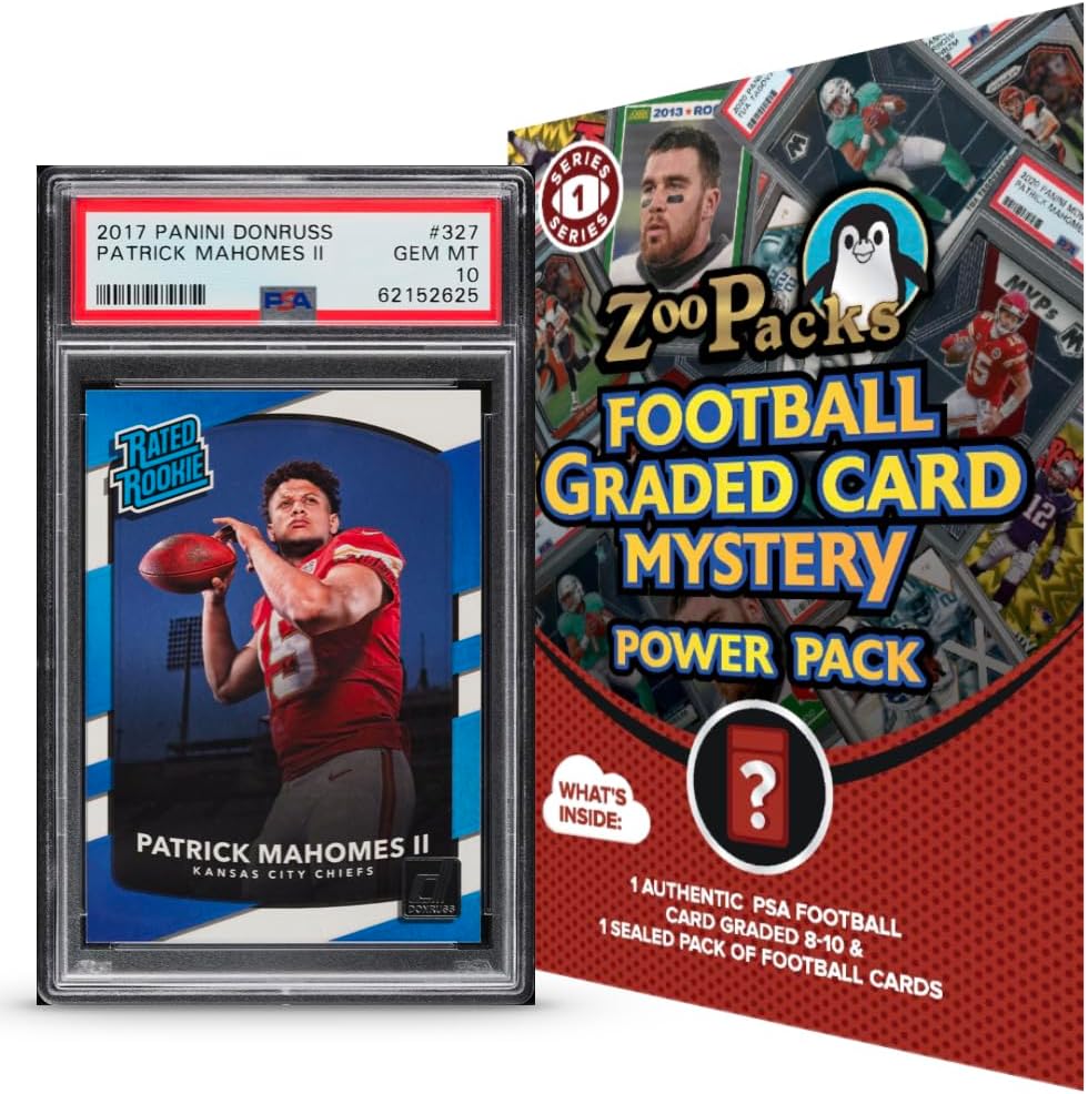 PSA Football Graded Card Mystery Pack | PSA Graded Football Card + 1 Sealed Pack of Cards | Grade 8+ Guaranteed | Contains One Graded Vintage, Rookie, Legend or Current Star | by Zoo Packs