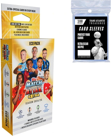 Topps Match Attax Extra Soccer Cards 24/25 Eco Pack + 100 Protectors, Includes 39 Cards, 2 X Factor LE's + Explosive Talent Exclusive Edition