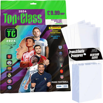 Panini Top Class 2024-2025 Soccer Cards Starter Pack + 100 Card Protectors, 24 Cards Plus a Collector's Album, Official Guide & 2 Holo Giants