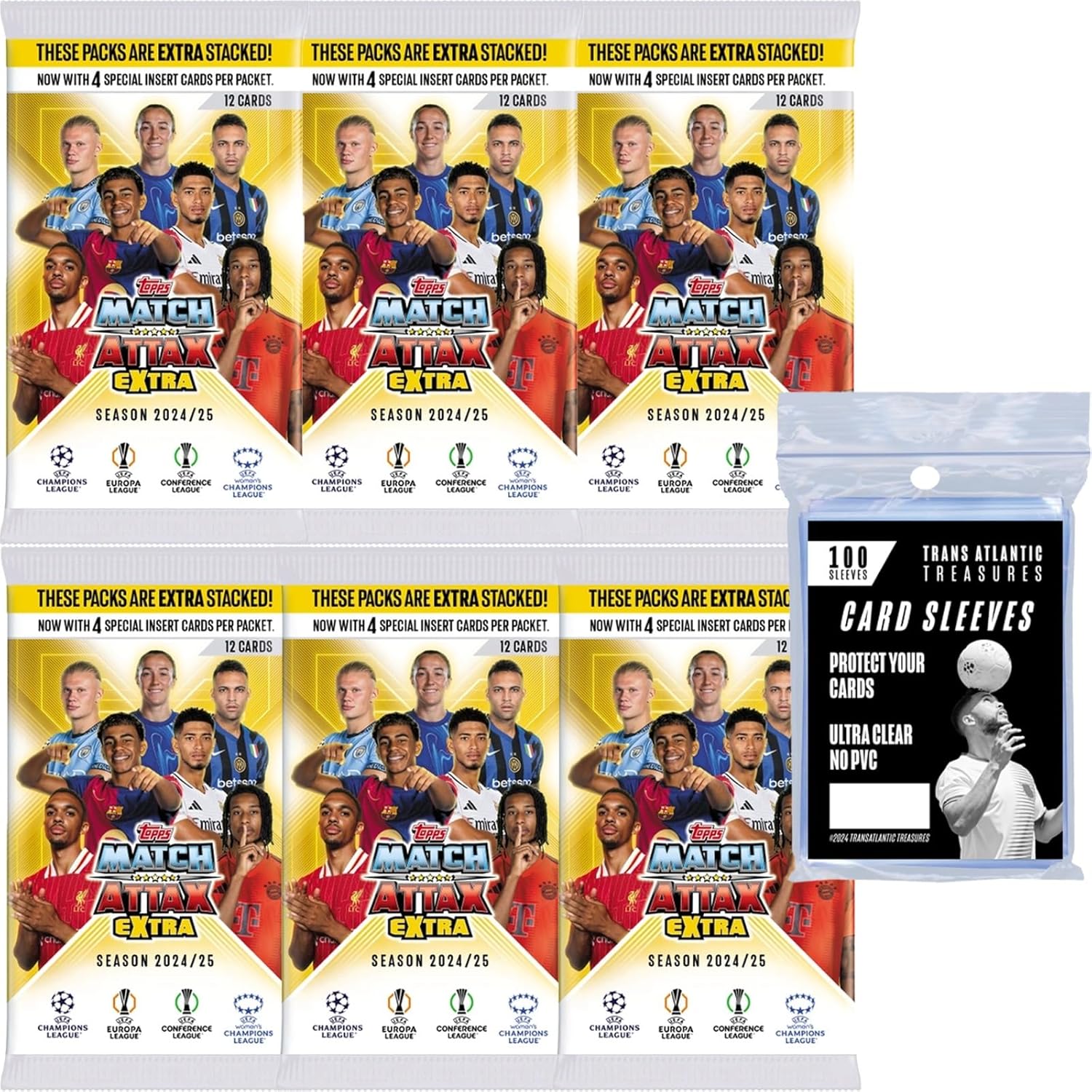 Topps Match Attax Extra Soccer Cards 24/25 6 Packets + 100 Protectors, Includes 72 Total & 4 Special Insert Cards Per Packet