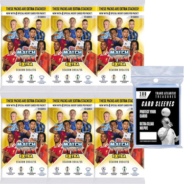 Topps Match Attax Extra Soccer Cards 24/25 6 Packets + 100 Protectors, Includes 72 Total & 4 Special Insert Cards Per Packet