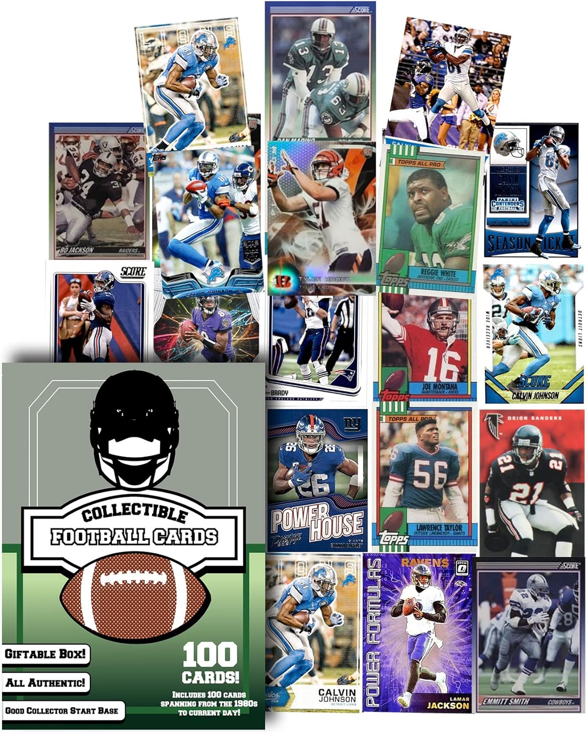 Assorted Set of 100 Football Trading Cards - All New Condition Cards - Perfect Starter Set For Kids, Adults, & Collectors - Potential Superstar and Hall of Fame Cards Available - Retail Packaging