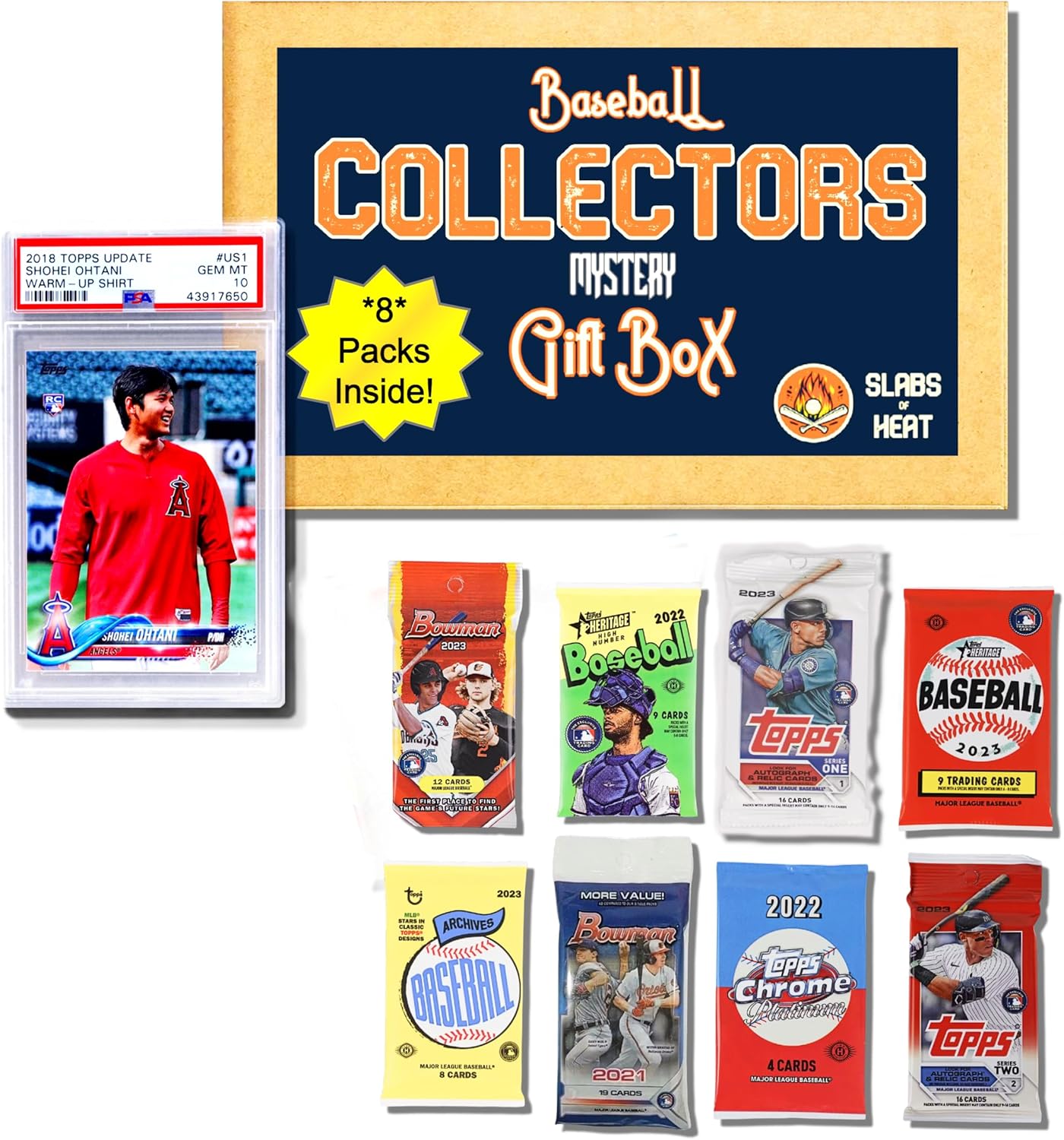 Epic Baseball Gift Box & Collection Starter Set1 Graded Card + 8 Sealed Packs of Modern Licensed CardsPSA/BGS Graded Card 10, 9.5 or 9 & 200 SleevesPossible AutographsSlabs of Heat