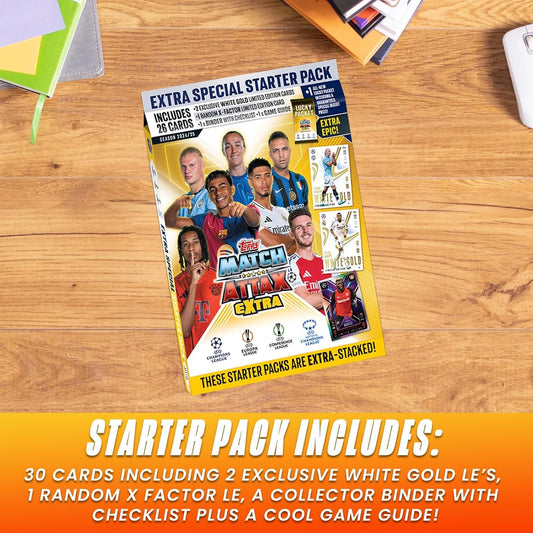 Topps Match Attax Extra Soccer Cards 24/25 Starter Pack + 100 Protectors, Includes 30 Cards, Binder, 2 Exclusive White Gold LE's, 1 X Factor LE