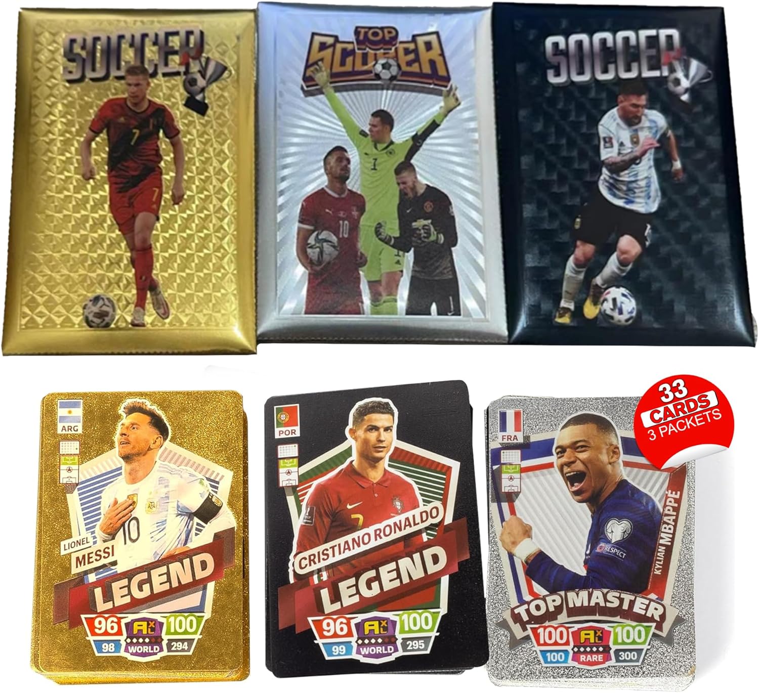 Soccer Trading Cards 2024-25 | 3 Packs - 33 Collectible Football Cards for Fans & Players Black, Gold & Silver Soccer Mystery Cards Packs Random Cards in Each Set - Collect Them All