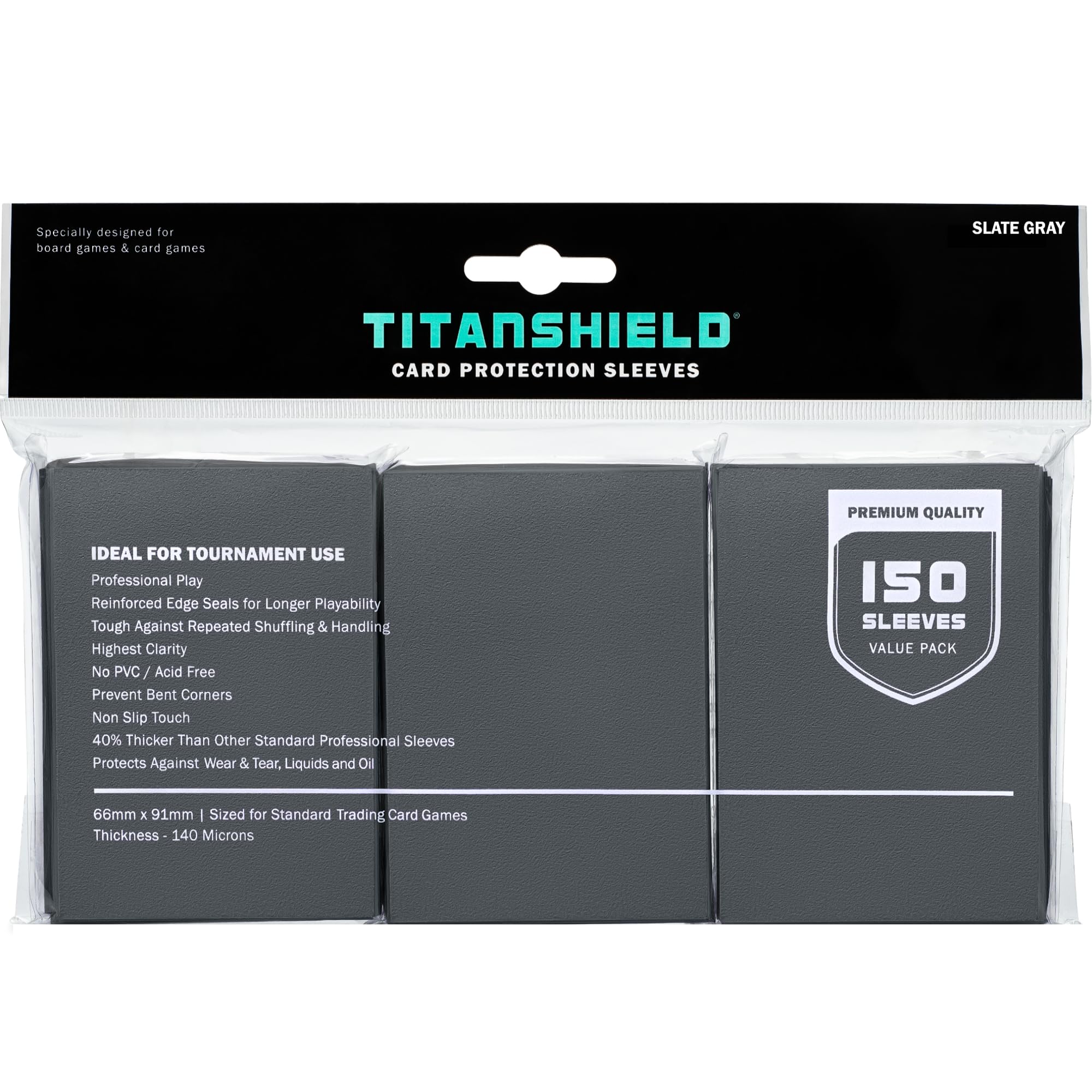 TitanShield (150 Sleeves, Black) Compatible with Standard Sized Board Games, MTG Magic The Gathering, Pokemon, Lorcana and Trading Cards 2.5" x 3.5" 66x91mm