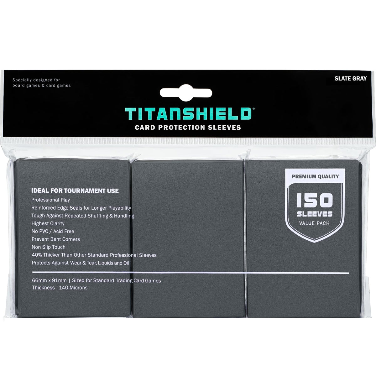 TitanShield (150 Sleeves, Black) Compatible with Standard Sized Board Games, MTG Magic The Gathering, Pokemon, Lorcana and Trading Cards 2.5" x 3.5" 66x91mm