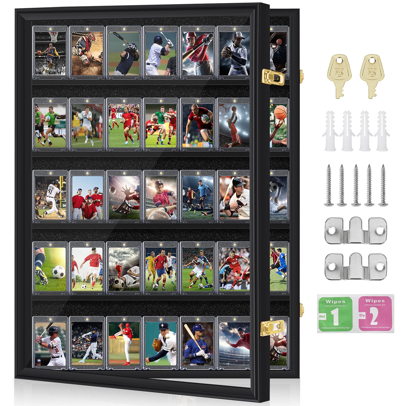 Mlikero Baseball Card Display Case, 36 Graded Card Display Frame Lockable, Trading Card Display with UV Protection Sports Card Display Case for Baseball Cards, Football Cards, Sports Cards