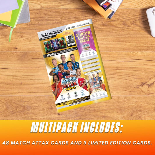Topps Match Attax Extra Soccer Cards 24/25 Mega Multipack + 100 Protectors, Includes 52 Cards + 3 Exclusive LE's + Exclusive Pro-View Signature Style