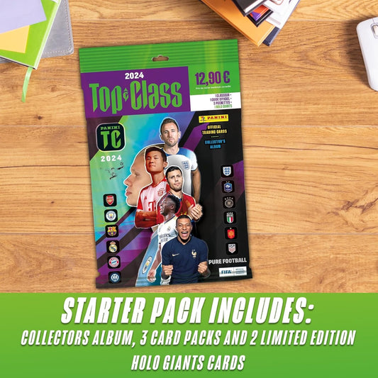 Panini Top Class 2024-2025 Soccer Cards Starter Pack + 100 Card Protectors, 24 Cards Plus a Collector's Album, Official Guide & 2 Holo Giants