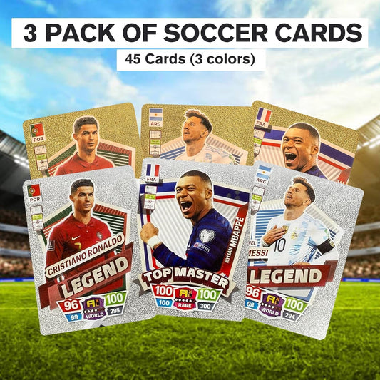 Soccer Trading Cards 2024-25 | 3 Packs - 45 Collectible Cards for Fans Black, Gold & Silver Soccer Mystery Cards Packs Contain Different Cards in Each Set - Try & Collect Them All