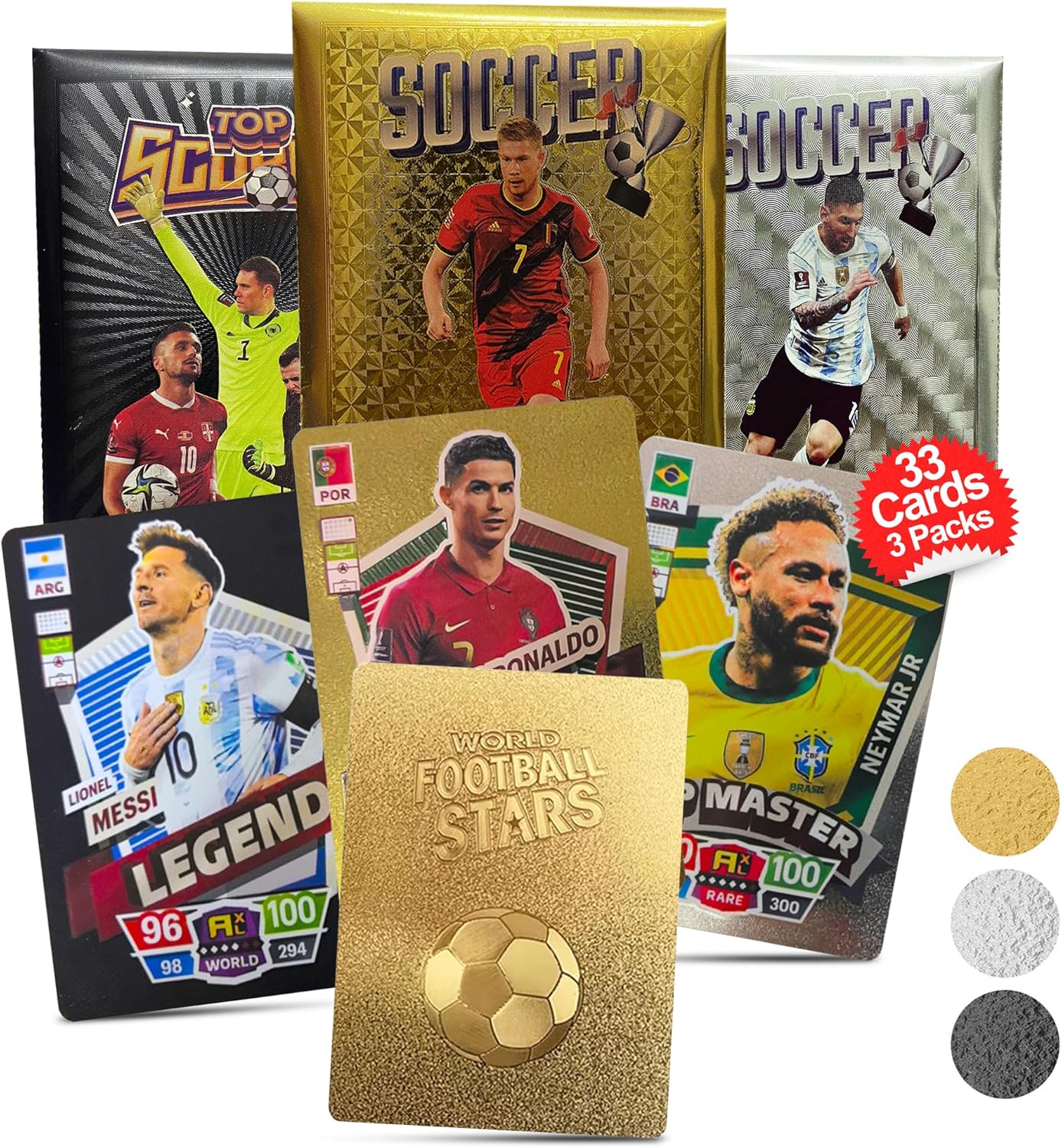 Soccer Trading Cards 2024-25 | 3 Packs - 33 Collectible Cards for Fans & Players Black, Gold & Silver Soccer Mystery Cards Packs Different Cards in Each Set - Try & Collect Them All