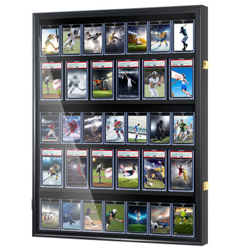Baseball Card Display Case-36 Graded Sports Card Display Frame,UV-Protected Transparent Visual Lockable Wall Cabinet for Football Baseball Basketball Hockey Trading Cards,Large Horizontal Black